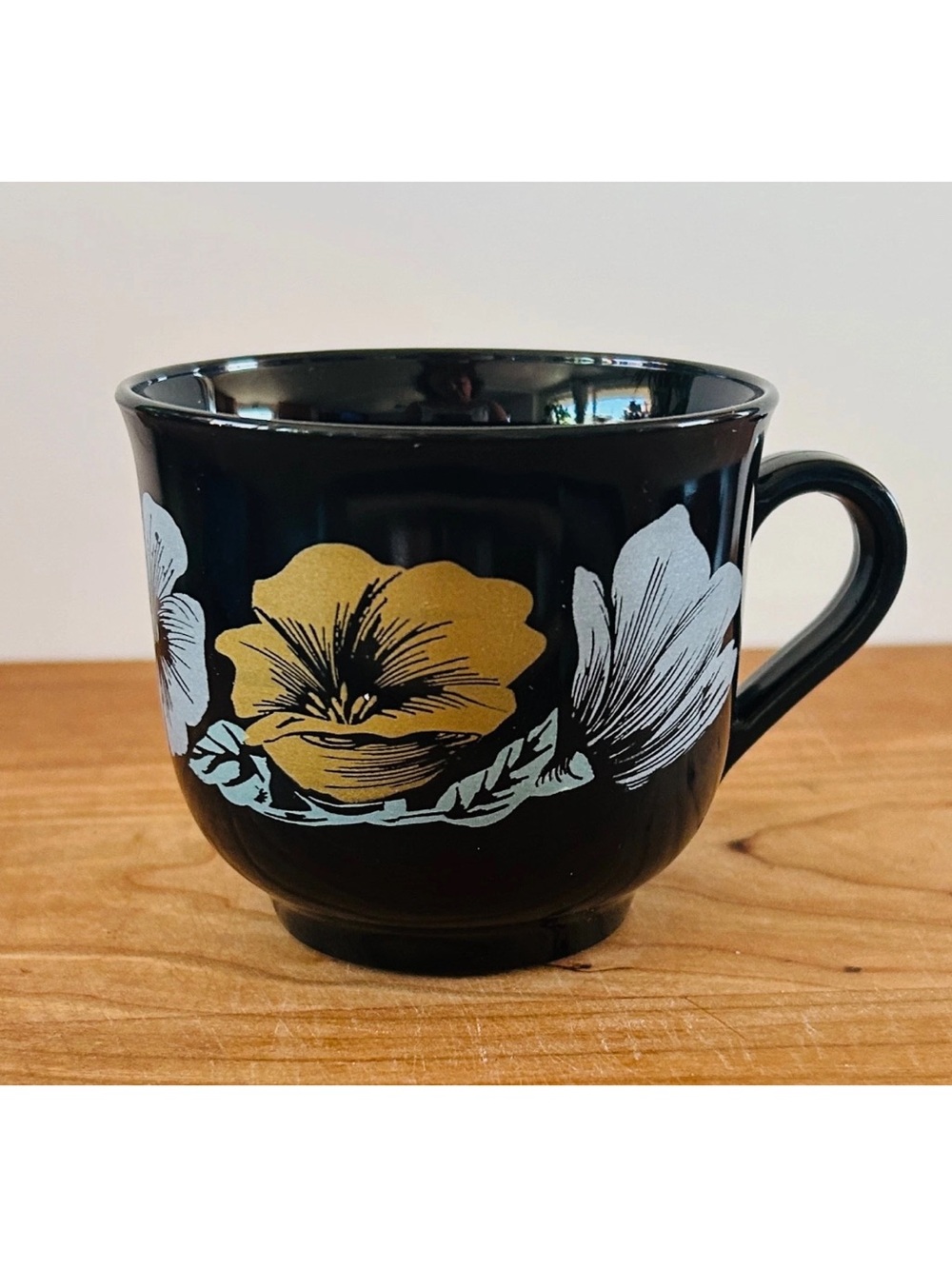 VTG Arcoroc Black Tempered Glass ‘Julie’ Demitasse Cup Silver/Gold Pansies 3”